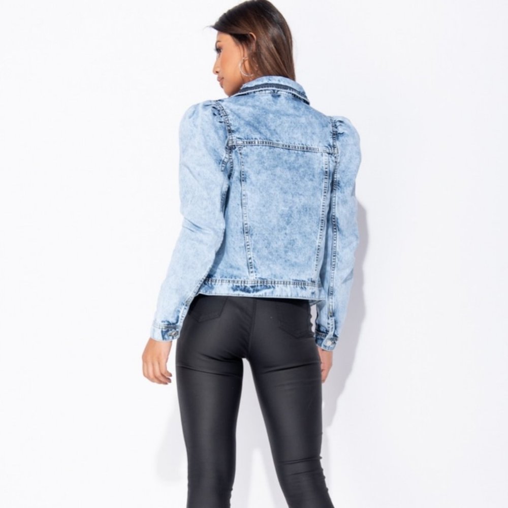 LAST 1! Acid Wash Long Puff Sleeve Denim Jacket - Picture 2 of 7